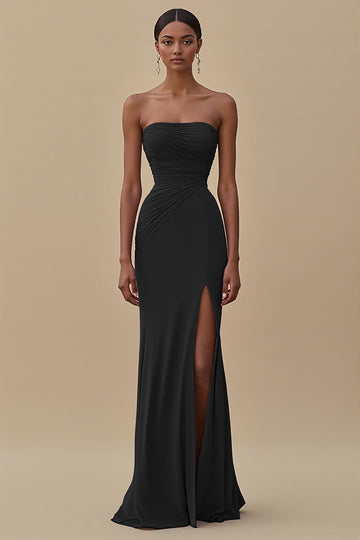 Black Strapless Ruched Long Formal Dress with Slit